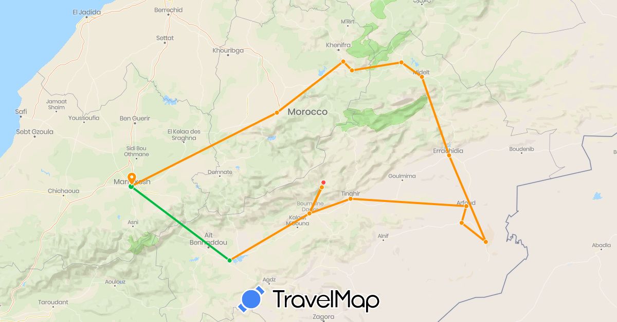 TravelMap itinerary: bus, plane, hiking, hitchhiking in Morocco (Africa)